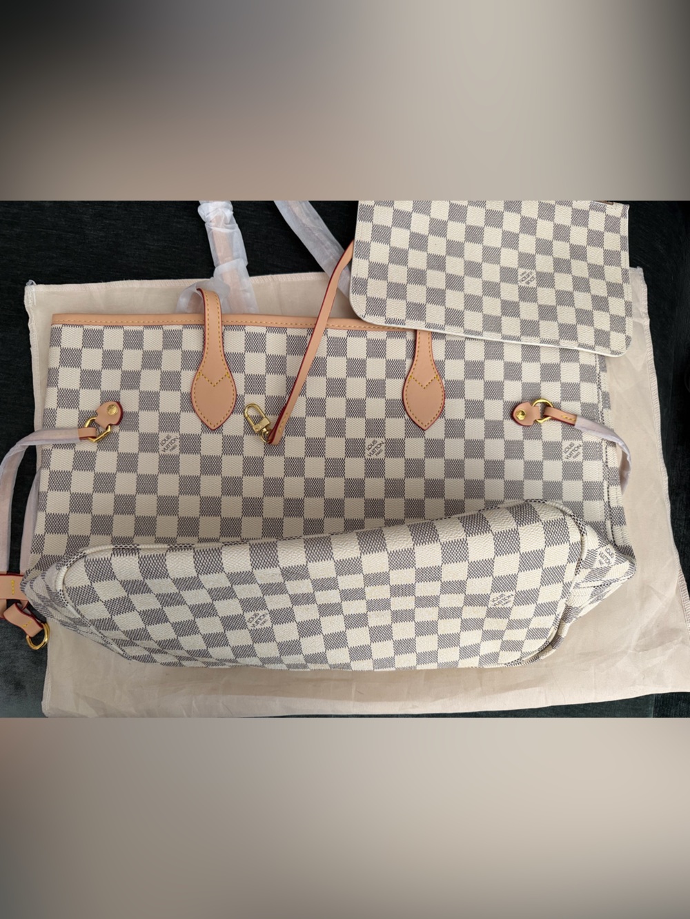 Checked Canvas Tote Bag with Pouch - Cream/Gray